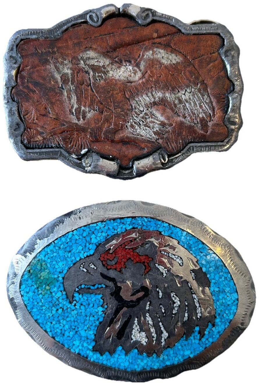 2 VTG EAGLE Belt Buckle Embossed Leather & Silver Turquoise USA American HEAVY